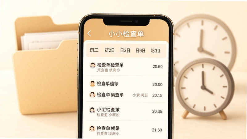 小小检查单历史记录归档查询界面,画面主体为手机屏幕显示按日期排列的检查单列表,背景带有文件夹与时钟元素,色调温暖柔和,体现数据沉淀与可追溯性