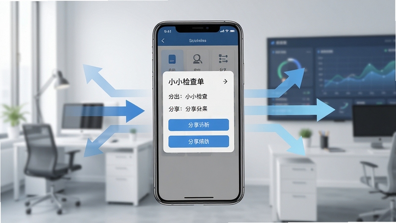 小小检查单导出检查结果操作界面,手机屏幕中央展示导出菜单与分享选项,背景为简约办公环境,有数据流向箭头元素,整体色调清爽专业