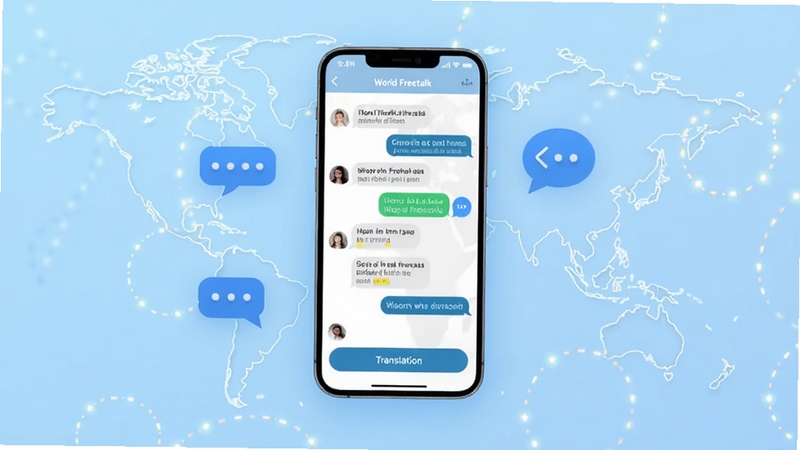 World Freetalk 软件主界面全貌展示,画面中央为手机屏幕悬浮在浅蓝色渐变背景中,屏幕内显示多语言聊天对话框与翻译按钮,背景区域点缀世界地图轮廓与对话气泡元素,整体风格简洁科技感,适配 Boogu 模型生成