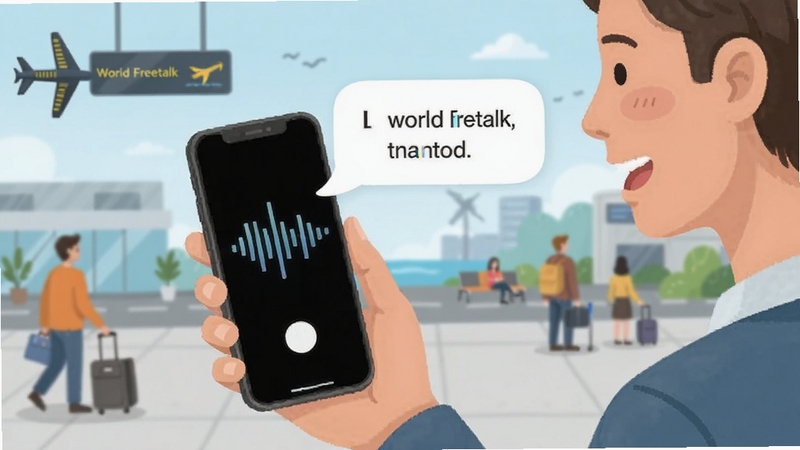 World Freetalk 语音翻译场景示意图,画面中人物手持手机说话,手机屏幕显示声波图标与翻译文字气泡,背景为机场或街边场景的简化插画,体现语音翻译的便捷性