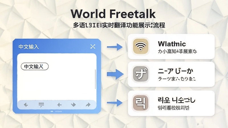 World Freetalk 多语言实时翻译功能展示图,画面左侧为中文输入框,右侧对应英文、日文、韩文翻译结果,界面采用卡片式布局,背景为柔和的浅色几何纹理,突出翻译流程的直观与高效