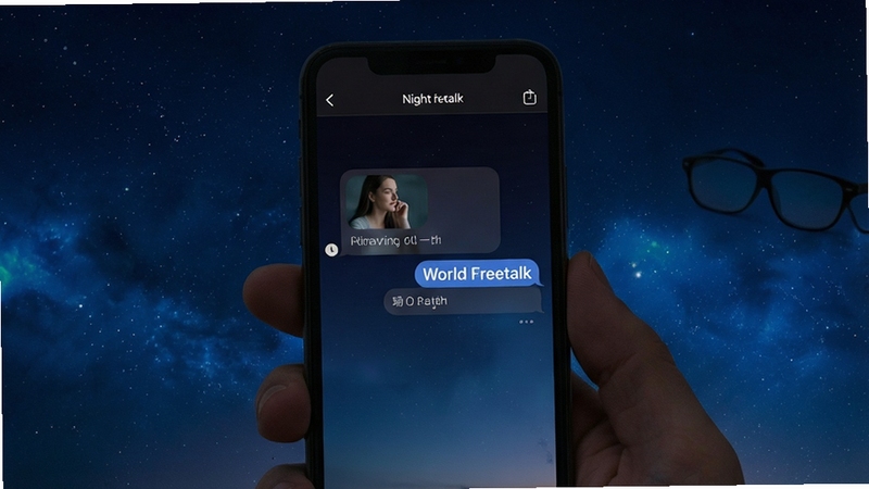 World Freetalk 夜间模式界面展示图,手机屏幕显示深色主题下的翻译对话框,文字对比柔和,背景为深蓝色星空渐变,突出夜间使用的舒适视觉体验