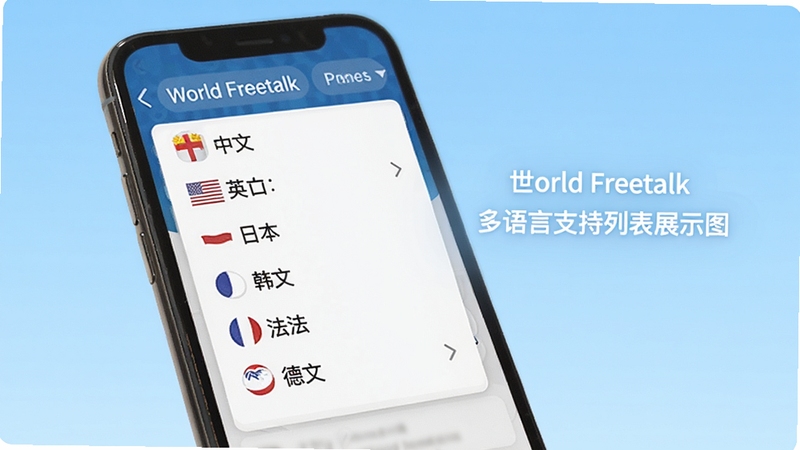 World Freetalk 多语言支持列表展示图,画面为手机屏幕显示语言选择下拉菜单,包含中文、英文、日文、韩文、法文、德文等选项,背景为浅蓝色渐变,突出多语种覆盖能力