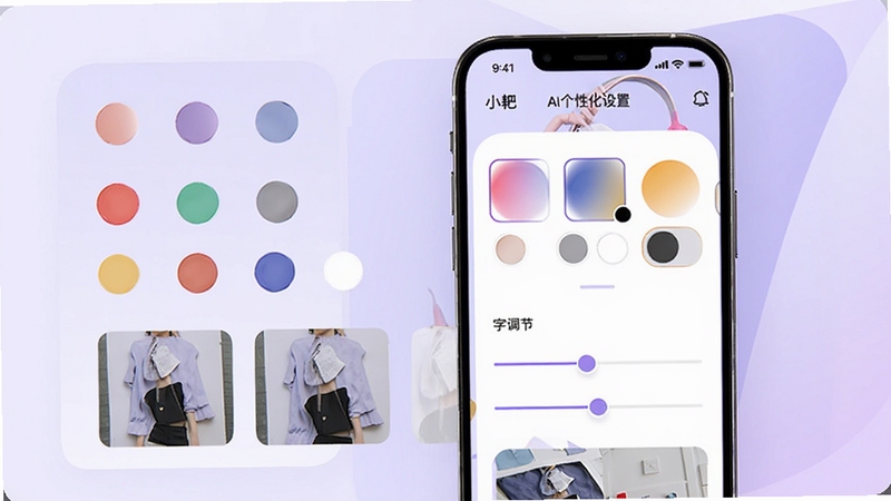 小耙AI个性化设置界面,画面主体为手机屏幕位于画面中央偏右,屏幕显示主题色选择与字体调节滑块,背景为淡紫色渐变区域,色调柔和时尚,细节包含多种颜色圆点与预览窗口,突出个性化定制功能