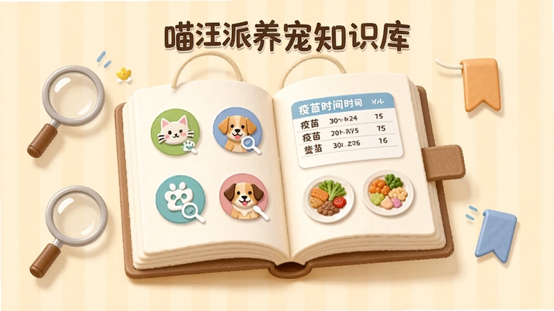 喵汪派养宠知识库页面,画面中央是一本打开的虚拟宠物护理手册,书页上浮现出猫咪和狗狗的健康检查图标、疫苗时间表、营养餐盘等元素,周围有放大镜和书签装饰,背景是温暖的米黄色,知识科普风格