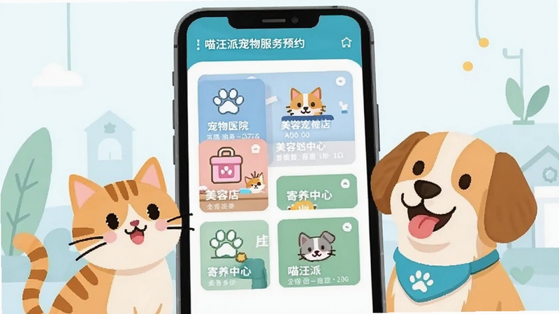 喵汪派宠物服务预约界面,画面展示手机屏幕上列出宠物医院、美容店、寄养中心等服务卡片,每张卡片配有相应的宠物服务场景小图标,一只猫咪和一只狗狗在屏幕旁边做出期待的表情,背景简洁清新,扁平化设计风格