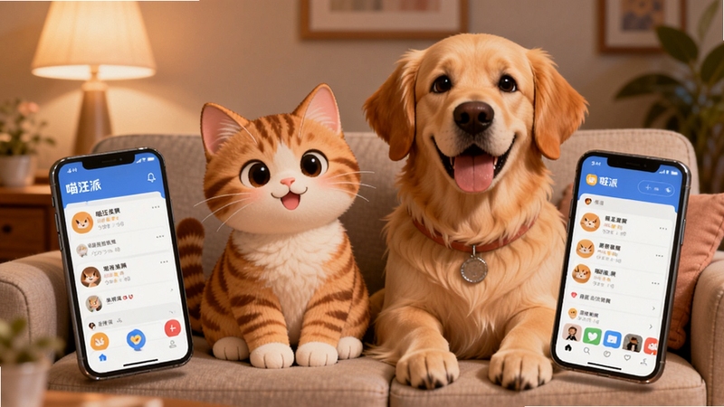 喵汪派宠物社交应用主界面展示,画面中央是一只可爱的橘猫和一只金毛犬并排坐在沙发上,它们面前悬浮着智能手机屏幕,屏幕上显示着喵汪派应用的社交动态界面,背景是温馨的客厅环境,暖色调灯光,卡通写实风格,细节丰富,适合Boogu模型生成