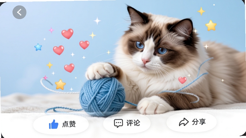 喵汪派应用内宠物动态分享页面,画面展示一只布偶猫正在玩毛线球的短视频截图,界面下方有点赞、评论、分享按钮,周围环绕着爱心和星星特效,背景是柔和的浅蓝色渐变,手机UI展示风格,清晰明亮