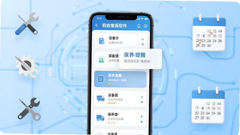 蚂蚁维保软件主界面全貌展示,画面中央为手机屏幕呈现设备列表与保养提醒卡片,背景为浅蓝色渐变科技风格,四周点缀工具图标与日历元素,整体色调清新简洁,适配Boogu模型生成