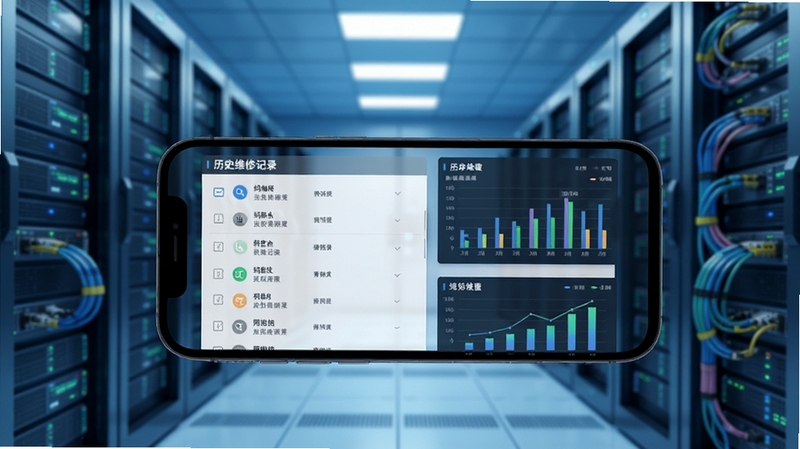 蚂蚁维保维修记录归档页面,手机屏幕展示历史维修记录列表和统计图表,背景为整洁的数据中心风格,有服务器和线缆元素,色调偏冷色科技感