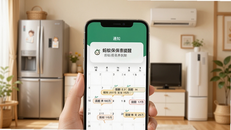 蚂蚁维保智能保养提醒功能展示,手机弹出保养到期通知界面,日历上标注多个提醒日期,背景为温馨家庭环境,有冰箱空调等家电,色调柔和明亮