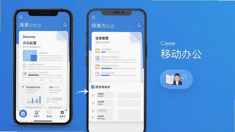 美办 移动办公 手机应用主界面 清爽布局 文档处理 任务管理 蓝色渐变背景 扁平化设计风格