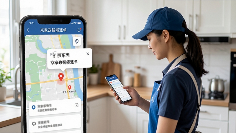 京家政智能派单界面,手机屏幕显示地图定位与订单气泡弹窗,一名穿着京东家政围裙的保洁师在客户家中查看手机,背景为整洁厨房,光线自然,画面写实风格,突出京家政品牌元素