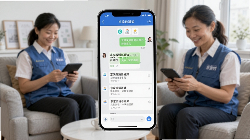 京家政消息通知与客服界面,手机屏幕展示聊天窗口与通知列表,背景为家政人员休息时查看手机的场景,画面简洁现代,突出京家政软件功能模块