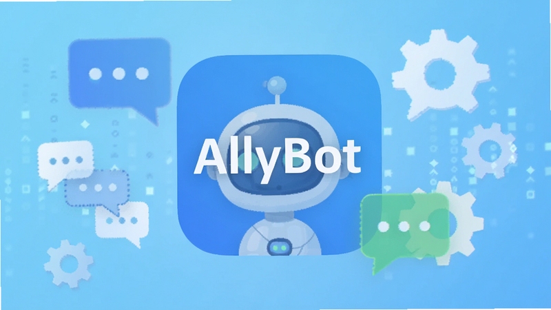 画面中心为AllyBot应用图标,周围环绕对话气泡与齿轮元素,背景为浅蓝色科技渐变,整体呈现智能助手主题,高清扁平化风格,适配Boogu模型生成