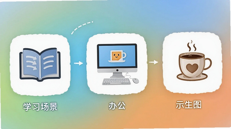 AllyBot多场景应用示意图,左侧为学习场景书本图标,中间为办公场景电脑图标,右侧为生活场景咖啡杯图标,背景为柔和渐变,整体简洁明快,适配Boogu模型生成