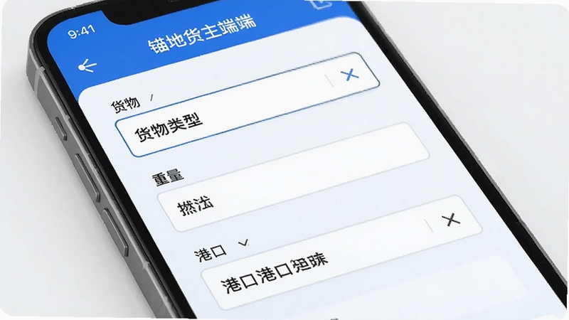 锚地货主端货源发布功能界面,手机屏幕特写,显示货物类型选择、重量输入、港口选择等表单字段,画面明亮清晰,UI设计现代简洁,蓝色主色调,适合作为功能展示图