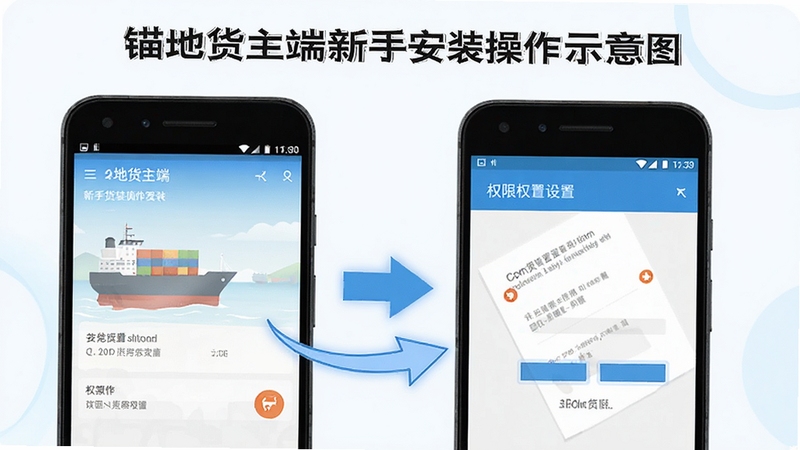 锚地货主端新手安装操作示意图,画面展示安卓手机安装界面与权限设置页面,旁边有箭头标注操作步骤,背景简洁,风格清新,适合教程配图
