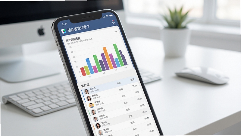 活跃客软件客户活跃度追踪界面展示,手机屏幕中显示彩色柱状图与客户列表,背景为简洁的办公桌面,光线明亮柔和,科技感与实用感结合