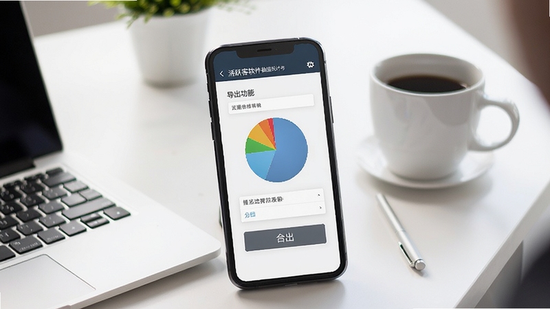 活跃客软件数据统计与导出功能界面,手机屏幕展示饼状图和导出按钮,背景为白色办公桌,有笔记本和咖啡杯,氛围轻松专业
