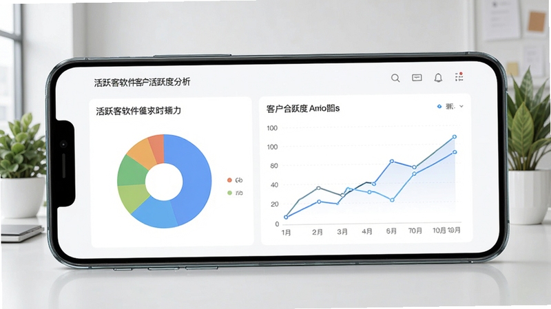 活跃客软件客户活跃度分析图表界面,手机屏幕显示饼图和折线图,背景为浅灰色办公环境,有绿植点缀,风格理性清晰