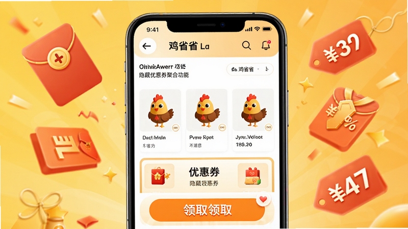 鸡省省隐藏优惠券聚合功能展示图,画面主体为手机屏幕显示商品页面与优惠券领取按钮,背景为暖黄色调,周围点缀红包和折扣标签,风格活泼明亮