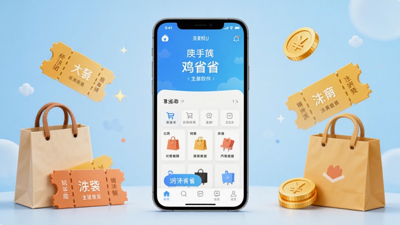 鸡省省软件主界面全貌展示,画面中央为手机屏幕呈现鸡省省应用首页,背景为浅蓝色渐变,四周环绕购物袋、优惠券、金币等元素,整体风格清新简洁,适配Boogu模型生成