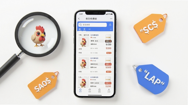 鸡省省多平台比价搜索功能展示,画面中央为手机屏幕显示商品搜索列表与价格对比,背景为白色简洁风格,四周有放大镜和价格标签元素
