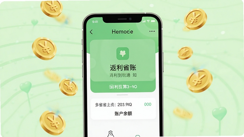 鸡省省购物返利机制示意图,画面中央为手机屏幕显示返利到账通知与账户余额,背景为淡绿色,四周有金币飘落效果,整体风格简洁明快
