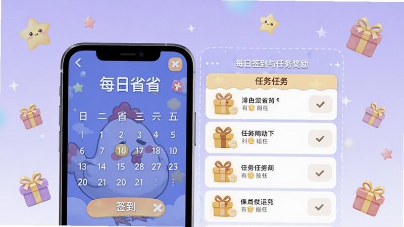 鸡省省每日签到与任务奖励界面,画面主体为手机屏幕展示签到日历和任务列表,背景为浅紫色渐变,点缀星星和礼物盒图标,风格可爱清新