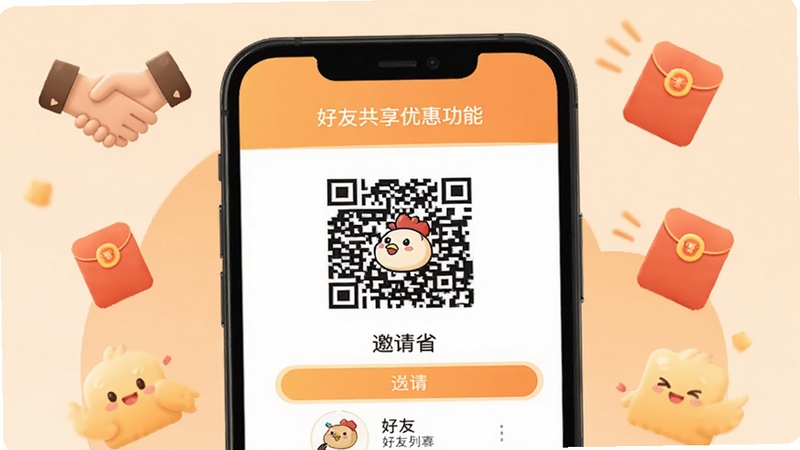 鸡省省邀请好友共享优惠功能示意图,画面主体为手机屏幕显示邀请二维码与好友列表,背景为浅橙色,点缀握手和红包图标,风格温暖友好