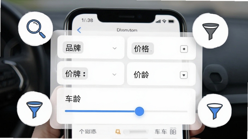 直麦二手车车源筛选界面,手机屏幕显示多条件筛选面板,包含品牌、价格、车龄滑块,背景为白色卡片式布局,周围点缀放大镜和筛选漏斗图标,画面明亮清晰