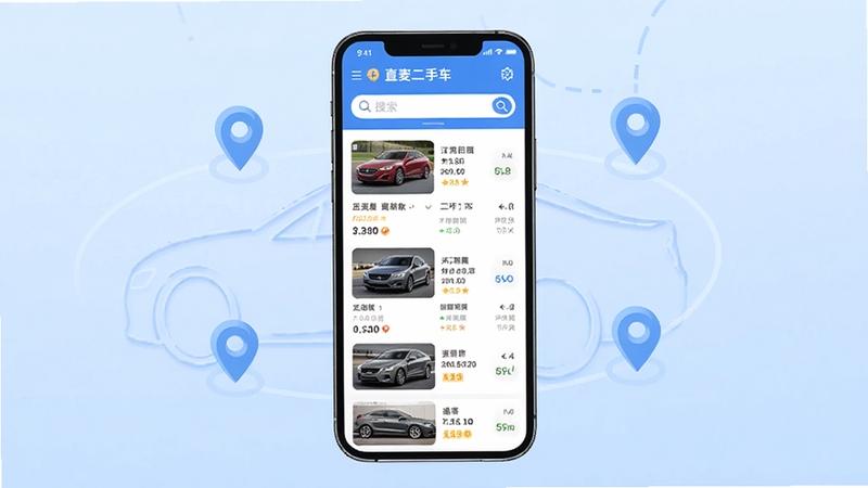 直麦二手车APP主界面展示,手机屏幕居中放置,屏幕内呈现二手车列表和搜索栏,背景为浅蓝色渐变,周围环绕汽车轮廓线条和定位图标,整体风格简洁现代,适合移动应用宣传图