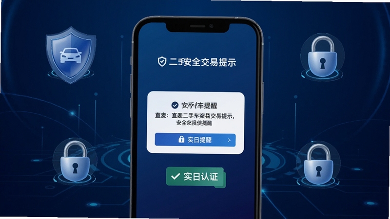直麦二手车安全交易提示界面,手机屏幕显示安全提醒弹窗和实名认证标识,背景为深蓝色科技感渐变,周围有盾牌和锁形图标,画面稳重可信