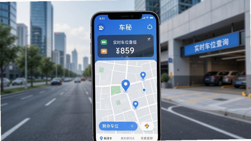 车秘应用实时车位查询界面,手机屏幕显示附近停车场剩余车位数字与地图定位标记,背景为城市道路与停车场入口,整体风格清爽现代