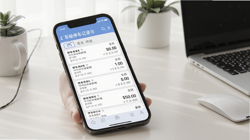 车秘停车记录与费用明细页面,手机界面展示多笔停车订单列表与金额统计,背景为简洁的桌面环境,整体色调柔和