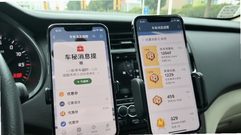车秘消息提醒与优惠券页面,手机屏幕显示停车超时提醒和优惠券列表,背景为车内视角的仪表盘与手机支架,画面真实自然