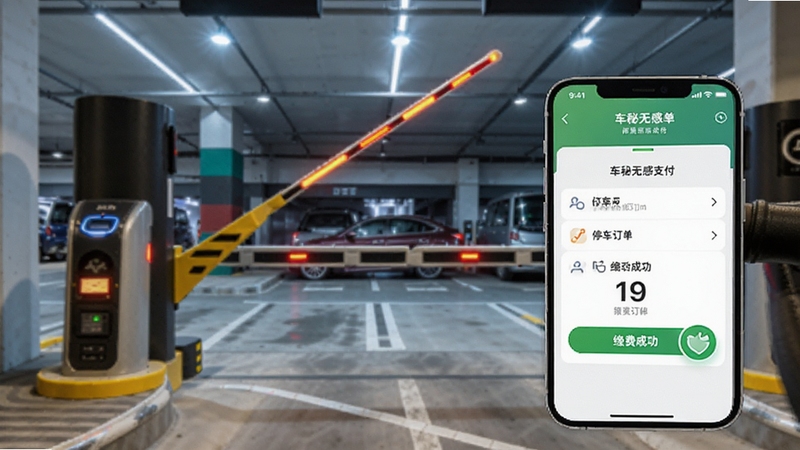 车秘无感支付功能展示,手机界面显示停车订单与缴费成功状态,背景为停车场出口道闸抬杆场景,光线明亮,科技感适中