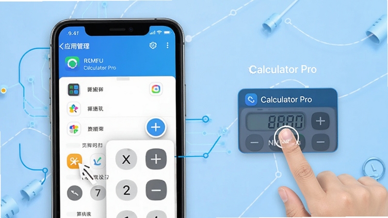 计算器Pro桌面快捷方式添加步骤示意图,手机屏幕显示应用管理界面和长按图标弹出菜单,画面中有手指点击操作的示意,背景为浅蓝色科技风格,突出计算器Pro的便捷设置,适配Boogu模型生成