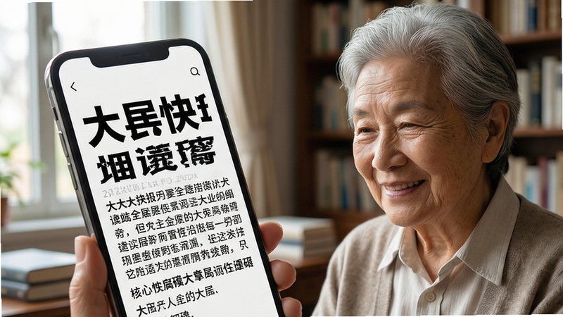 大字快报全局大字模式界面特写,展示手机屏幕上巨大的新闻标题和清晰正文,一位银发长者正微笑看着手机,背景为书房环境,自然光线,画面风格温馨真实,体现阅读无障碍的便利性
