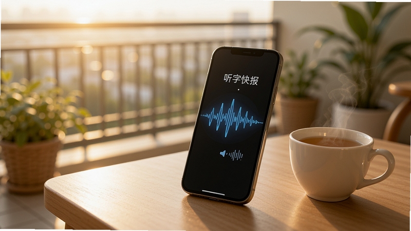 大字快报语音播报功能场景图,画面中手机放在桌面上,屏幕显示语音播报波纹动画,旁边有一杯热茶,背景是清晨的阳台,光线柔和,整体氛围轻松惬意,突出听新闻的便捷性