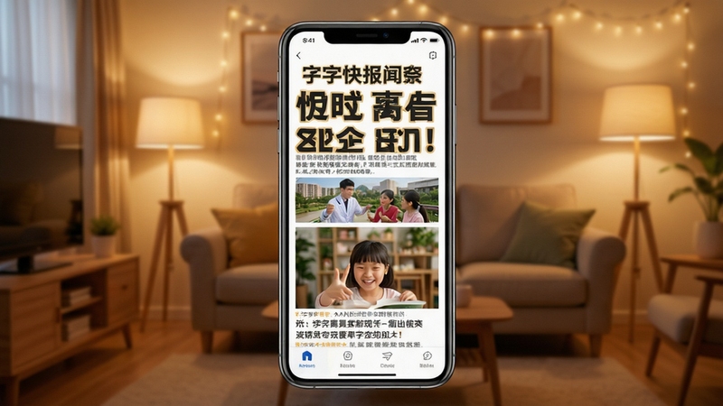 大字快报软件主界面全貌展示,画面中央为手机屏幕内清晰硕大的新闻标题与配图,背景为温馨的居家客厅环境,暖色调灯光,突出字体大而清晰的视觉特点,画面构图简洁明快,适配Boogu模型生成