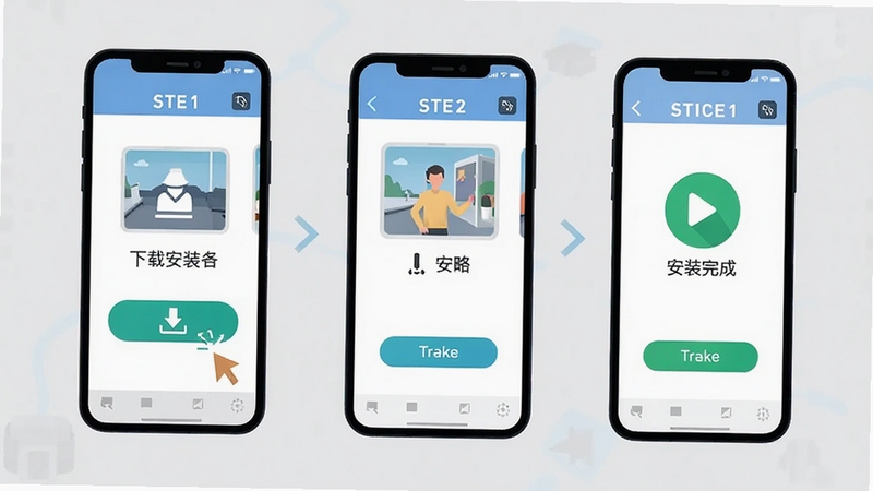 大字快报下载安装步骤示意图,画面展示手机屏幕上从点击下载按钮到安装完成的三个步骤界面,背景为简洁的浅灰色,图标清晰,风格扁平化,帮助用户直观理解安装流程