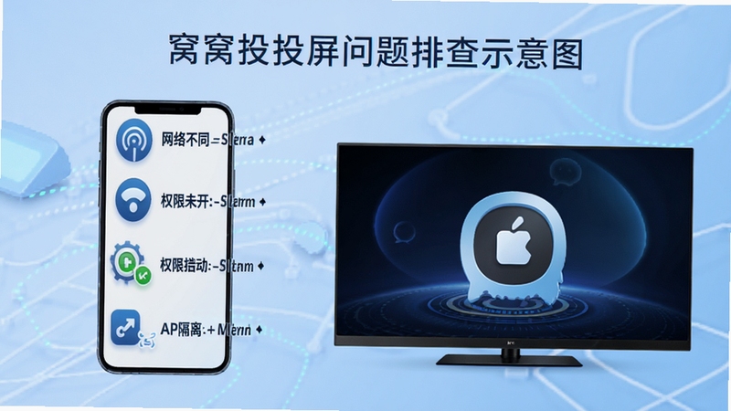 窝窝投投屏问题排查示意图,画面展示手机与电视连接失败的常见原因列表,包括网络不同、权限未开、AP隔离等图标,背景为浅蓝色科技风格,突出窝窝投的故障解决指引