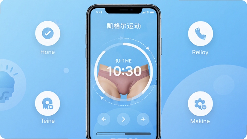 凯格尔运动跟练版应用界面展示,手机屏幕中央显示盆底肌训练倒计时动画,背景为柔和渐变蓝色,周围环绕简洁的功能图标,整体风格清新健康