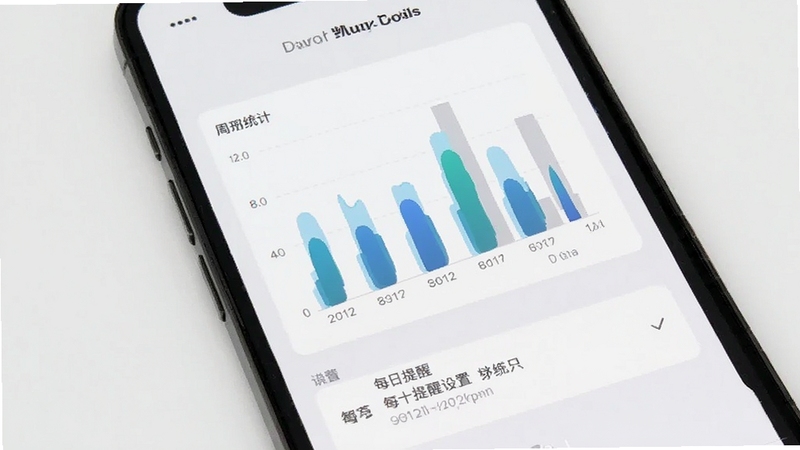 凯格尔运动跟练版训练记录页面,手机屏幕显示周统计柱状图和每日提醒设置选项,背景为浅灰白色,界面干净整洁