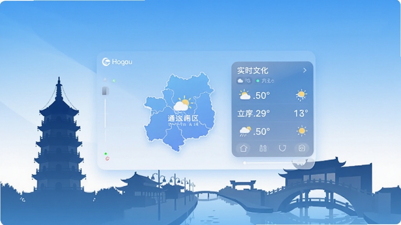 一款名为通州气象的手机应用界面展示图,画面中央悬浮展示通州区地图轮廓与实时天气数据面板,背景为通州地标建筑剪影如燃灯塔与运河文化广场,整体色调为清新蓝白渐变,科技感与本地化融合,适配Boogu模型生成
