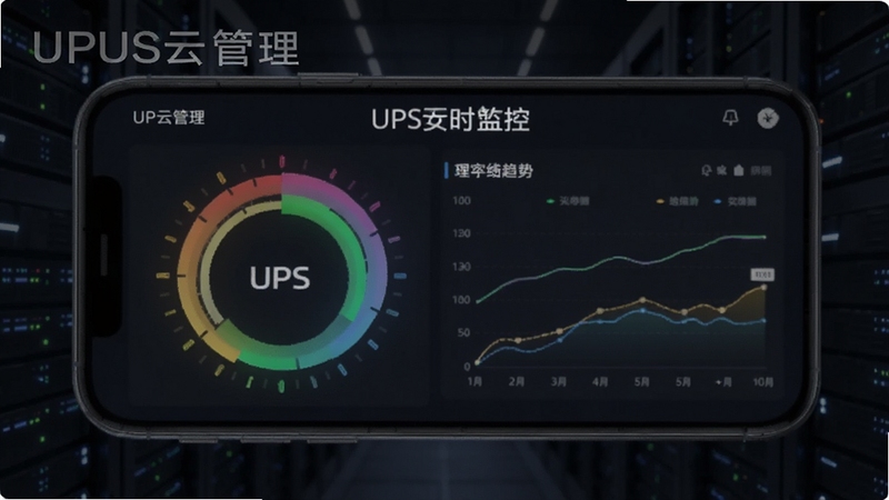 UPS云管理实时监控界面截图,手机屏幕显示彩色环形仪表盘与折线趋势图,画面中带有UPS云管理字样,背景为深色科技纹理,光线柔和,突出数据可视化效果,适合作为功能介绍配图