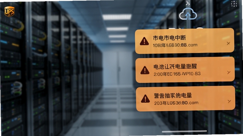 UPS云管理告警推送通知界面,手机锁屏状态弹出多条告警消息卡片,包含市电中断与电池低电量提醒,画面带有UPS云管理标识,背景为模糊的机房走廊,氛围紧张但有序,适合展示告警功能