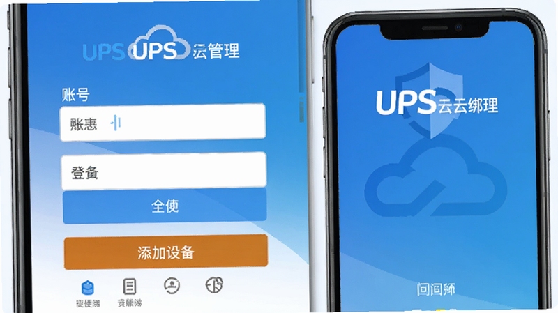 UPS云管理登录与设备绑定界面,手机屏幕显示账号登录框和添加设备按钮,画面带有UPS云管理标志,背景为简洁的蓝色渐变,突出安全与便捷,适合作为问答区配图